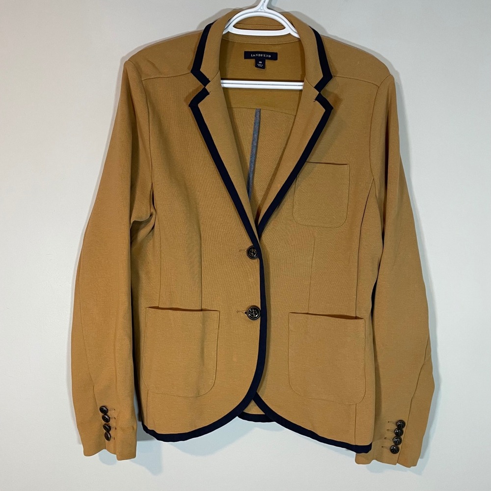 Lands End Womens 10 Knit Blazer‎ Tan Navy Nautical Anchor Buttons Unstructured